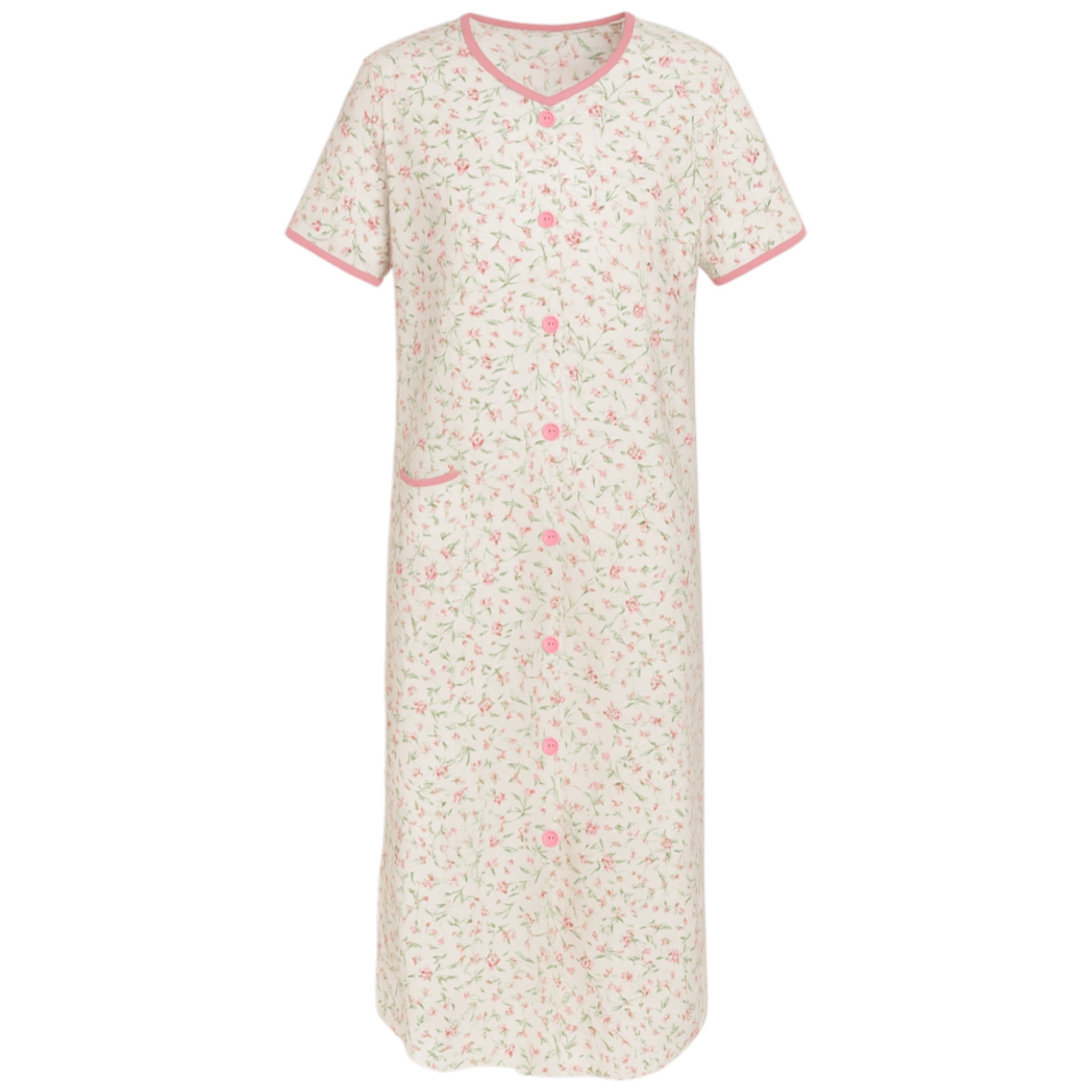 Ladies floral vine button front nightdress – short sleeve, lightweight cotton nightie with purple trim and front pocket, comfortable sleepwear